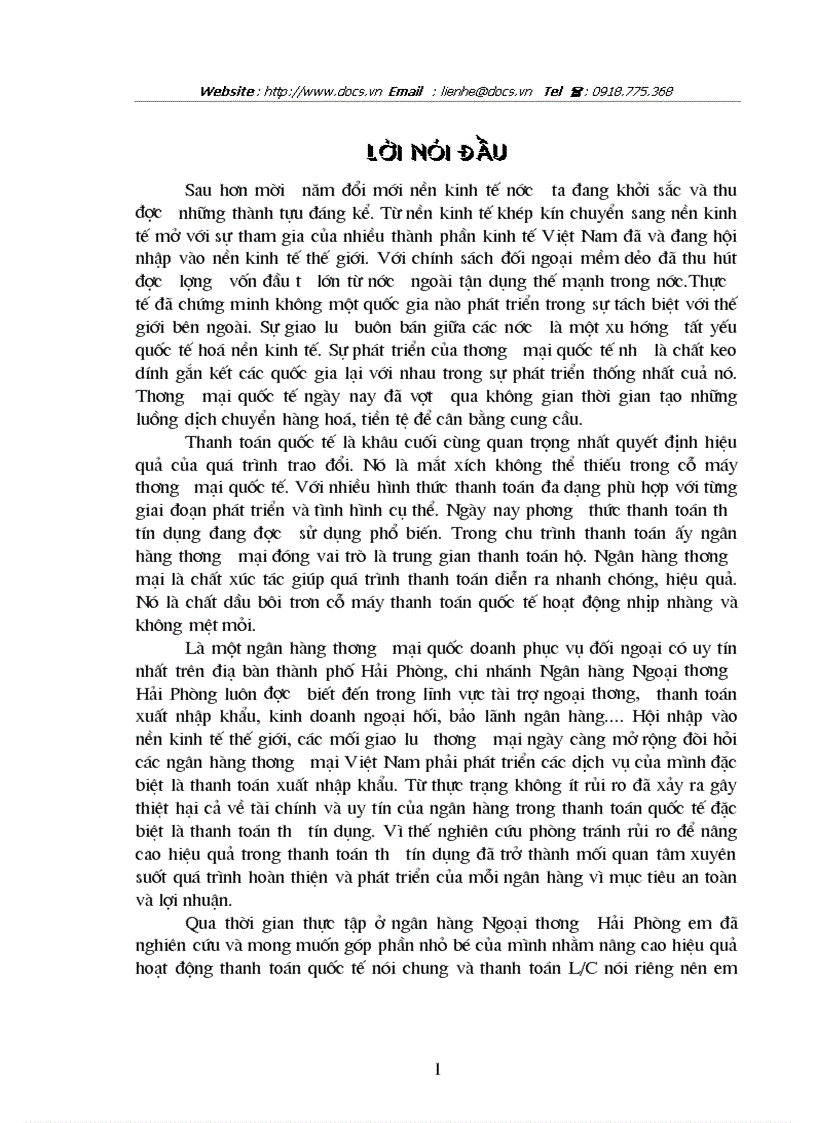 Hạn chế rủi ro trong thanh toán quốc tế theo phương thức tín dụng chứng từ L C tại ngânhàng NHTMCP Ngoại Thương VietcomBank Hải Phòng