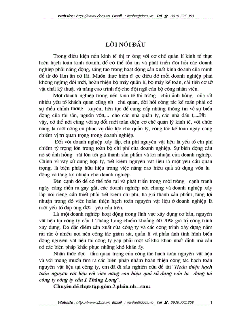 Hoàn thiện hạch toán nguyên vật liệu với việc nâng cao hiệu quả sử dụng vốn lưu động tại công ty công ty cầu 1 Thăng Long