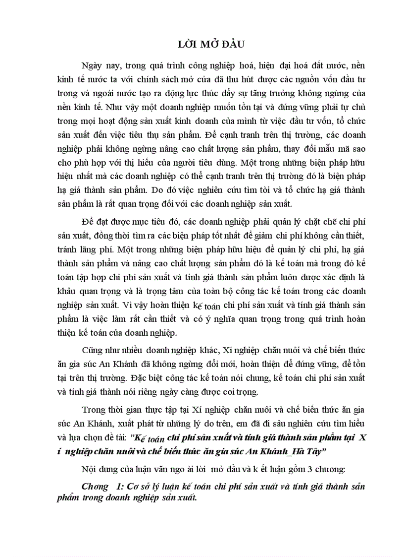 Hoàn thiện kế toán chi phớ sản xuất và tính giá thành sản phẩm tại Xí nghiệp chăn nuôi và chế biến thức ăn gia súc An Khánh