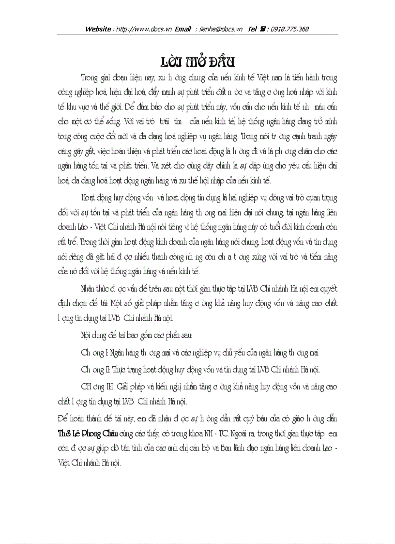 1số giải pháp nhằm tăng cường khả năng huy động vốn nâng cao chất lượng tín dụng tại LVB Chi nhánh Hà nội