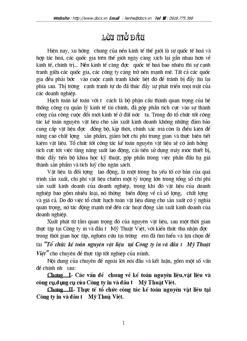 Tổ chức kế toán nguyên vật liệu tại Công ty in và đầu tư Mỹ Thuật Việt