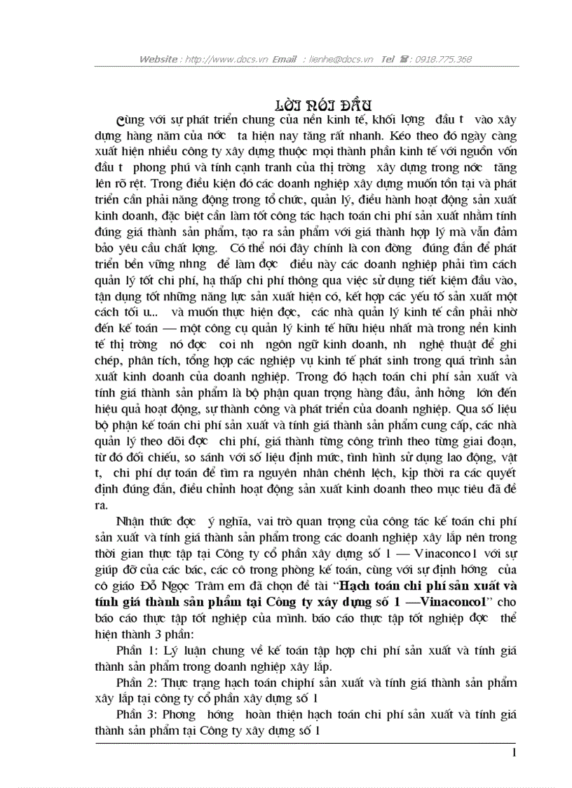 Hạch toán chi phí sản xuất và tính giá thành sản phẩm tại Công ty xây dựng số 1 Vinaconco1