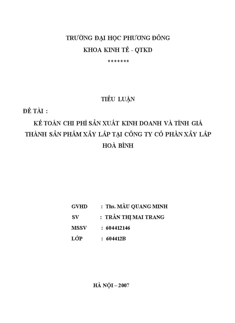 Báo cáo thực tập Kế toán chi phí sản xuất kinh doanh và tính giá thành sản phẩm xây lắp tại công ty cổ phần xây lắp hoà bình