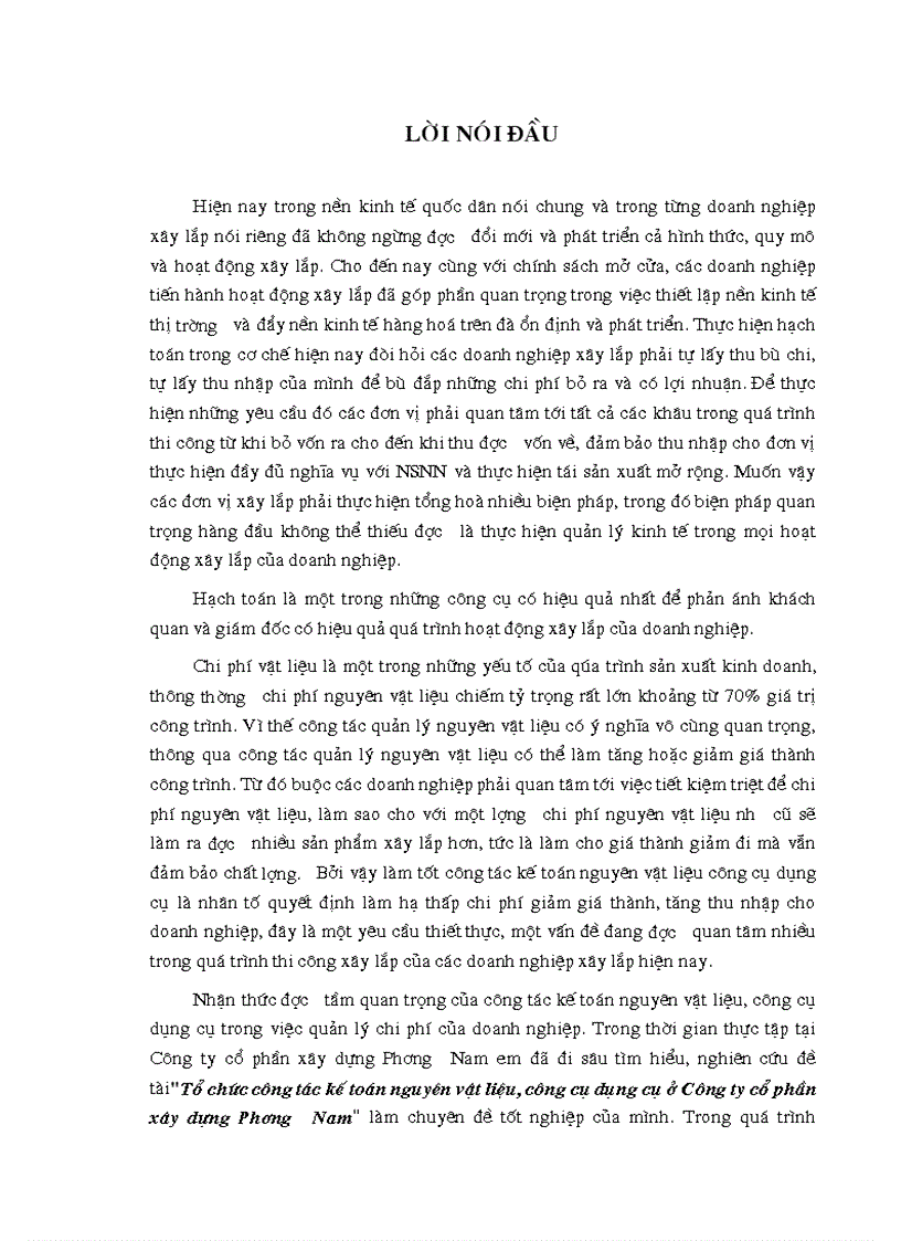 Công tác kế toán vật liệu CCDC ở Công ty cổ phần xây dựng Phương Nam