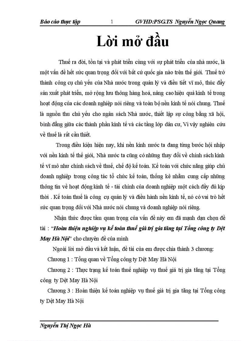 Hoàn thiện nghiệp vụ kế toán thuế giá trị gia tăng tại Tổng công ty Dệt May Hà Nội