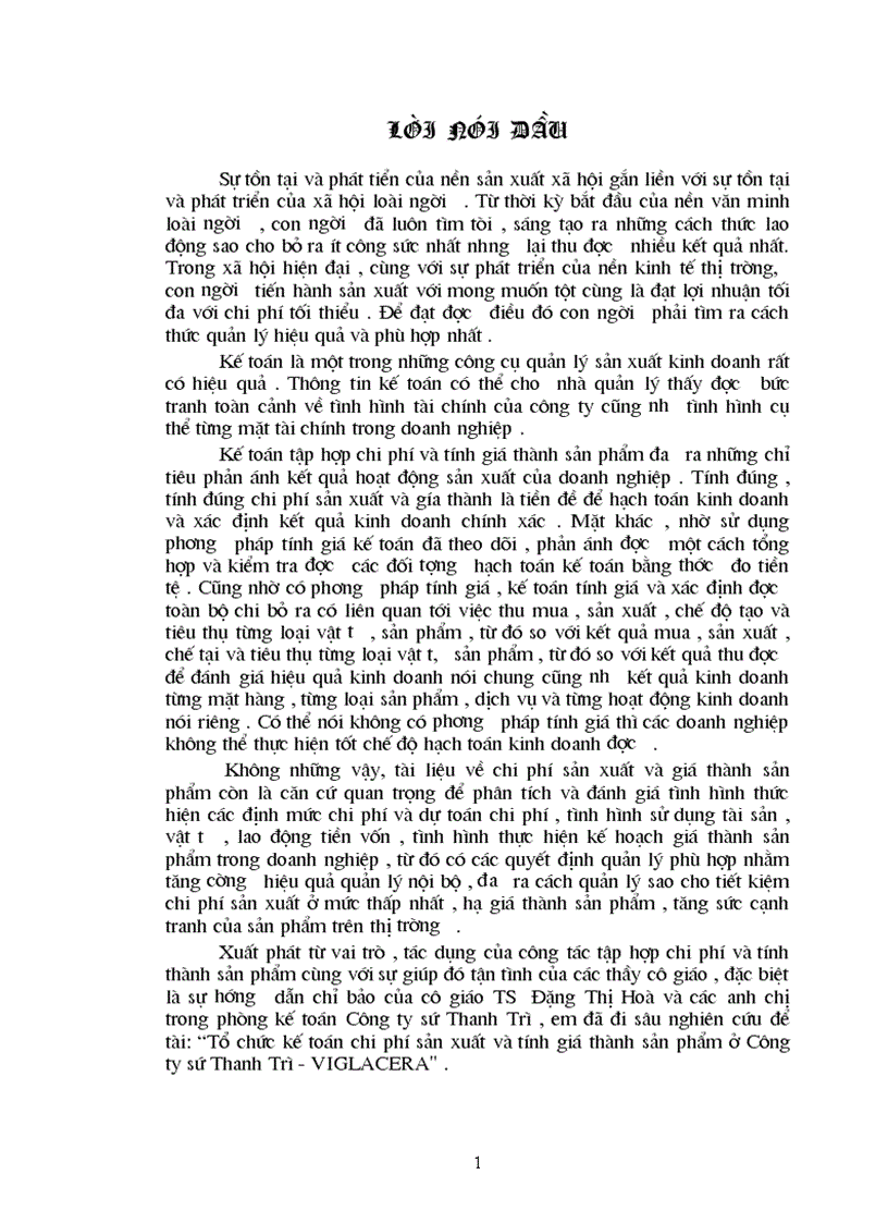 Một số ý kiến đề xuất nhằm hoàn thiện công tác kế toán tập hợp chi phí và tính giá thành ở công ty sứ thanh trì viglacera