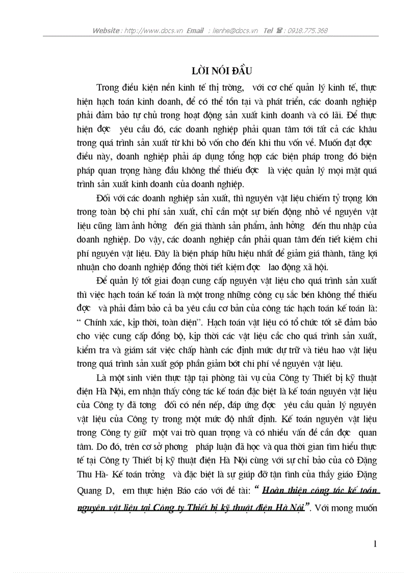 Hoàn thiện công tác kế toán nguyên vật liệu tại Công ty Thiết bị kỹ thuật điện Hà Nội