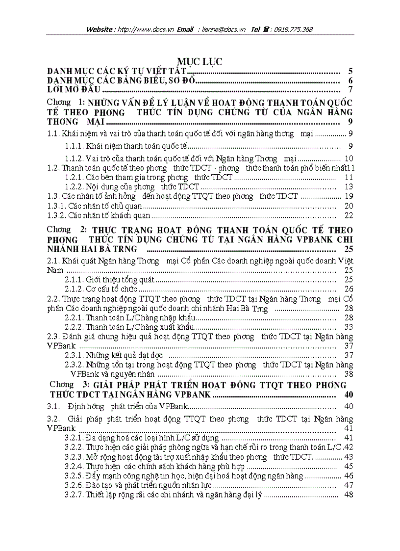 Phát triển H động thanh toán quốc tế theo phương thức tín dụng chứng từ L C tại ngânhàng NHTMCP các DN Ngoài QD VPBank Hai Bà Trưng
