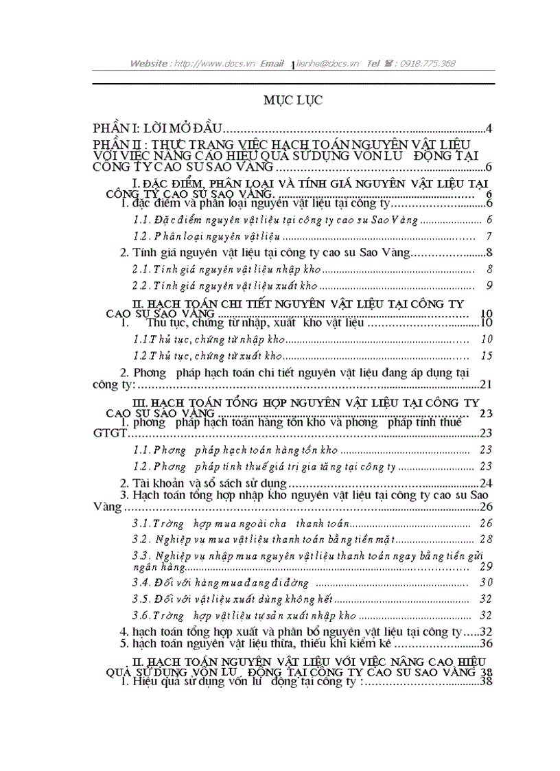 Hạch toán nguyên vật liệu với việc nâng cao hiệu quả sử dụng vốn lưu động tại công ty cao su Sao Vàng