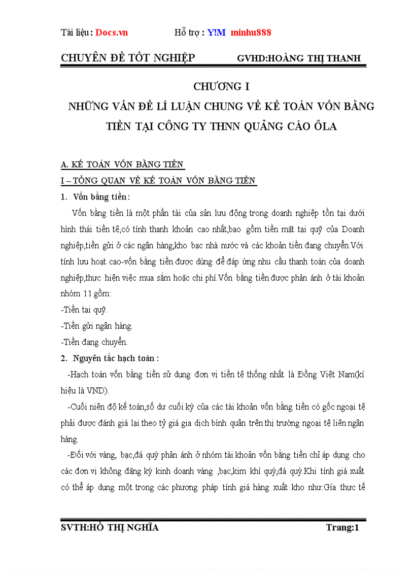 Những vấn đề lí luận chung về kế toán vốn bằng tiền tại công ty thnn quảng cáo ôla