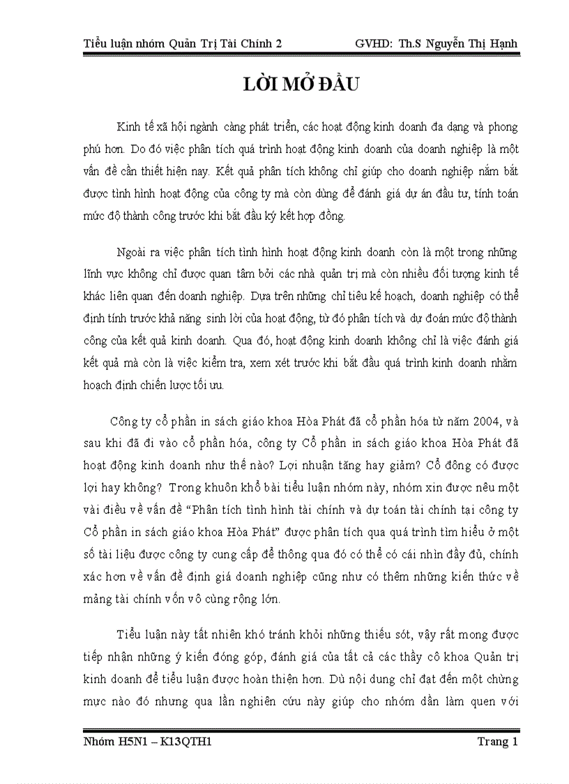 Phân tích tình hình tài chính và dự toán tài chính tại công ty Cổ phần in sách giáo khoa Hòa Phát