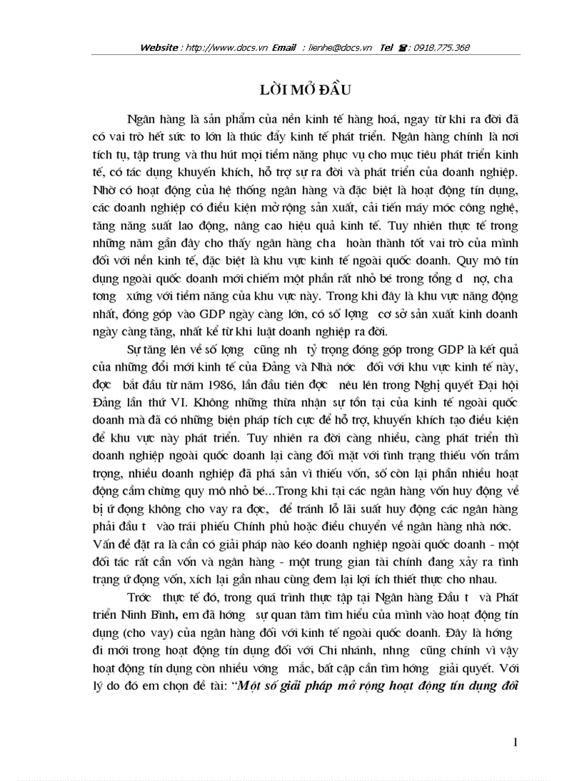 Giải pháp mở rộng hoạt động tín dụng đối với kinh tế ngoài quốc doanh tại ngânhàng NHĐT PT BIDV Ninh Bình