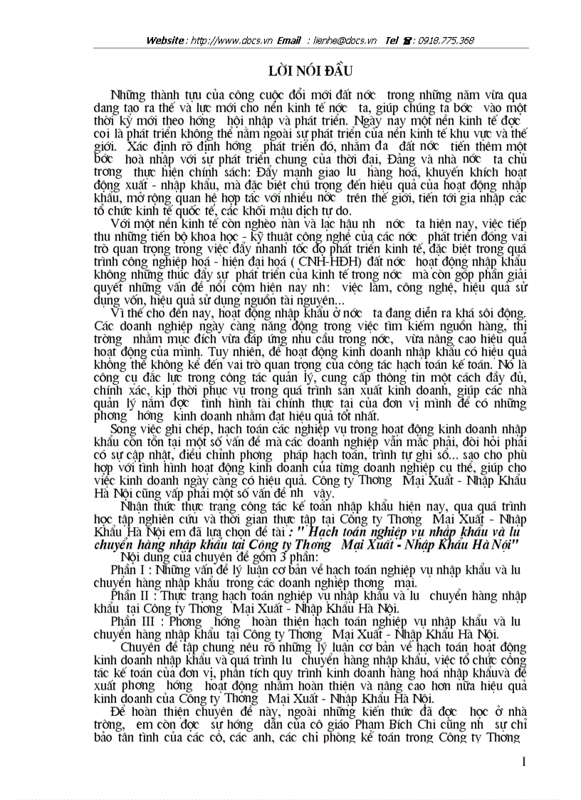 Hạch toán nghiệp vụ nhập khẩu và lưu chuyển hàng nhập khẩu tại Công ty Thương Mại Xuất Nhập Khẩu Hà Nội