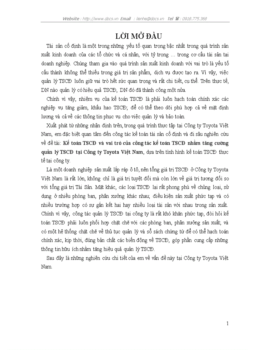 Kế toán TSCĐ và vai trò của công tác kế toán TSCĐ nhằm tăng cường quản lý TSCĐ tại Công ty Toyota Việt Nam