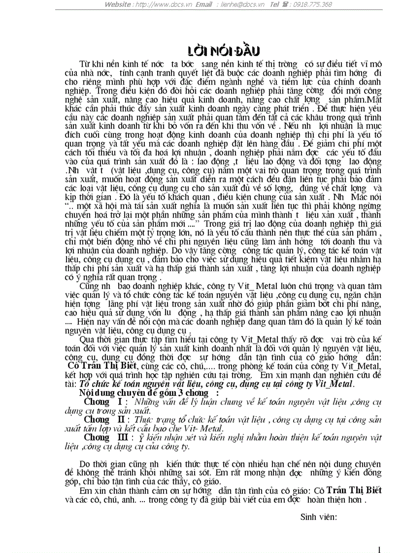 Tổ chức kế toán nguyên vật liệu công cụ dụng cụ tại công ty Vit Metal