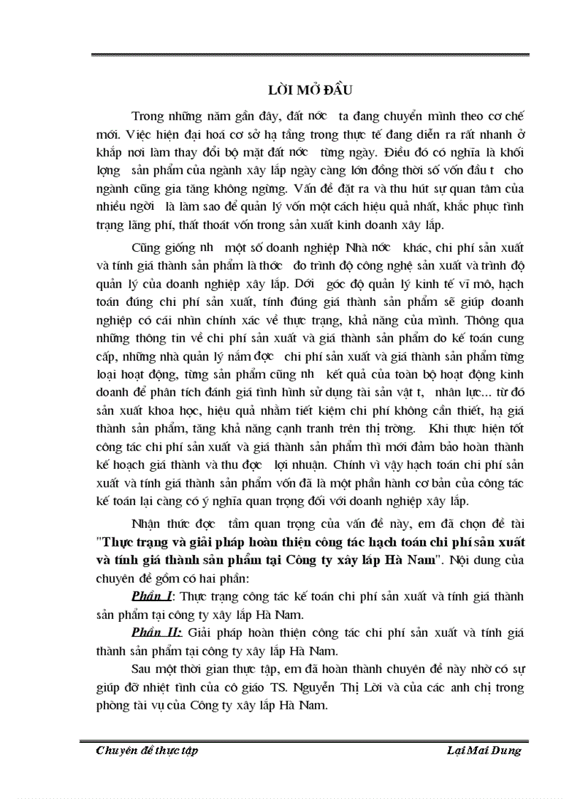 Giải pháp hoàn thiện công tác chi phí sản xuất Và tính giá thành sản phẩm tại công ty Xây lắp Hà Nam