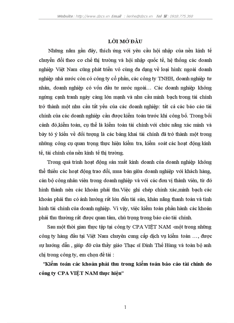 Kiểm toán các khoản phải thu trong kiểm toán báo cáo tài chính do công ty CPA VIỆT NAM thực hiện
