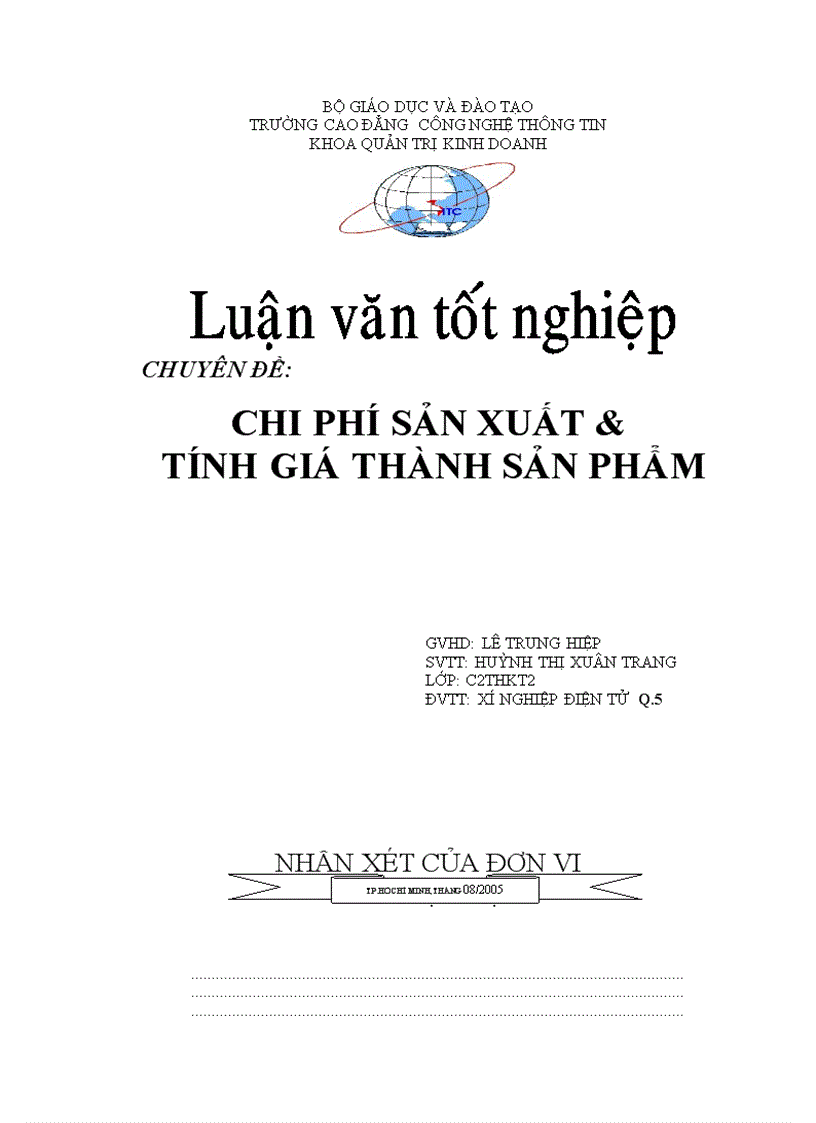 CHI PHÍ SẢN XUẤT TÍNH GIÁ THÀNH SẢN PHẨM tại XÍ NGHIỆP CƠ ĐIỆN TỬ VÀ TIN HỌC CHOLIMEX