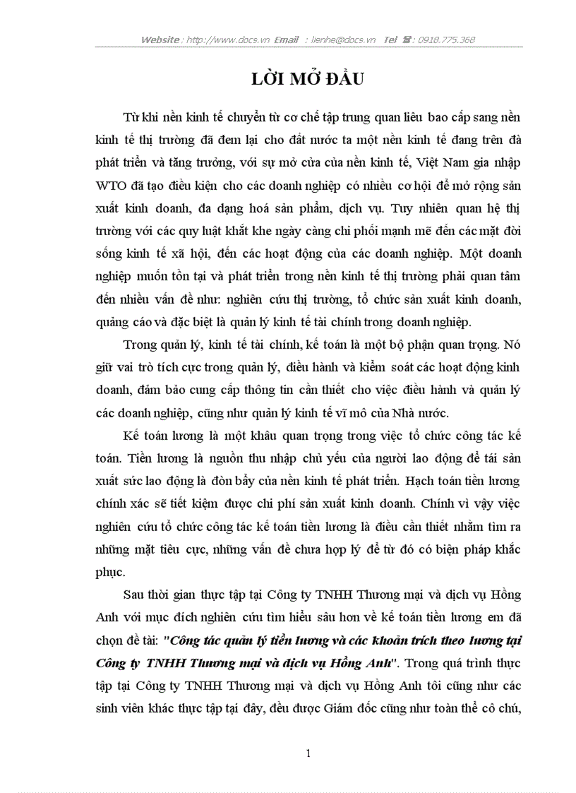 Công tác quản lý tiền lương và các khoản trích theo lương tại Công ty TNHH Thương mại và dịch vụ Hồng Anh