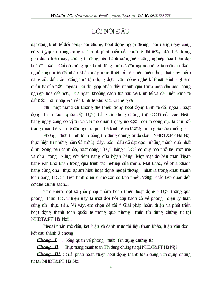 Hoàn thiện phát triển hoạt động thanh toán quốc tế thông qua phương thức tín dụng chứng từ L C tại ngânhàng NHĐT PT BIDV Hà Nội