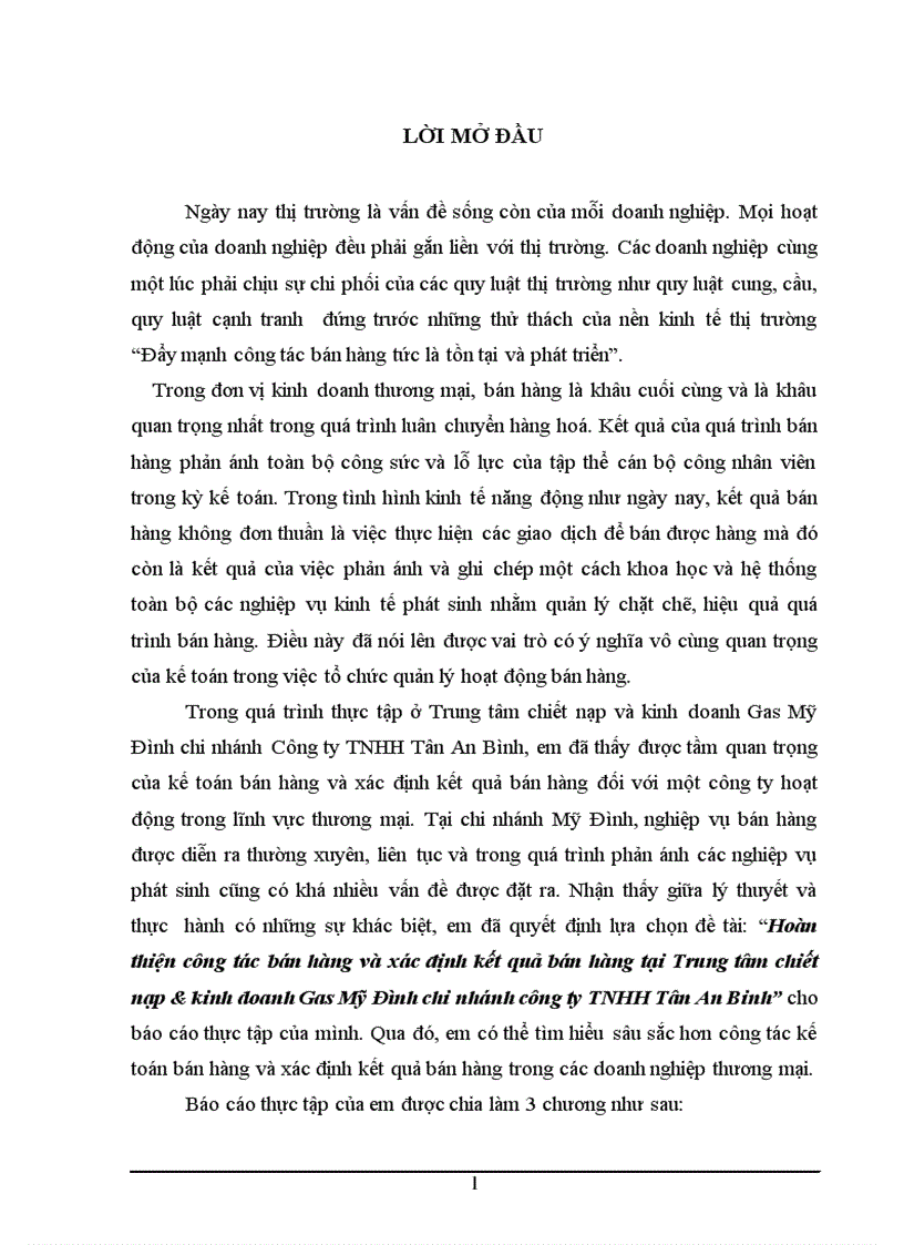 Hoàn thiện công tác bán hàng và xác định kết quả bán hàng tại Trung tâm chiết nạp kinh doanh Gas Mỹ Đình chi nhánh công ty TNHH Tân An Binh