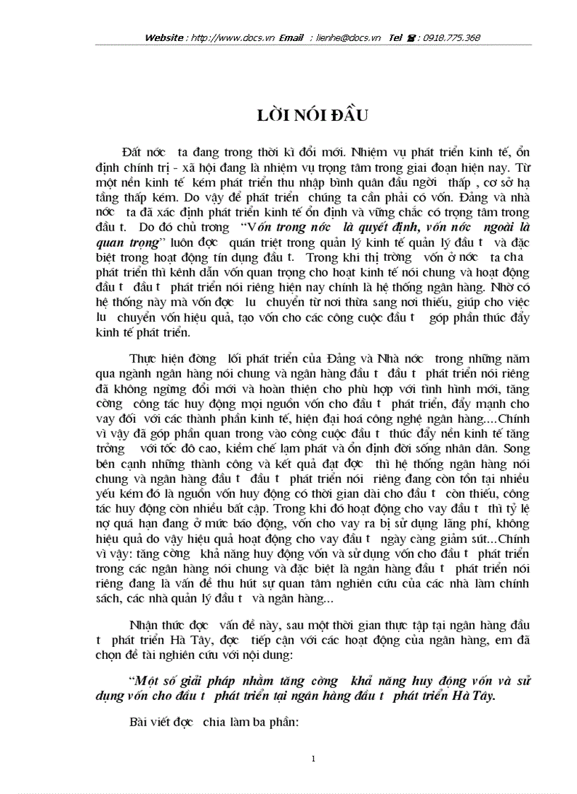 1số giải pháp nhằm tăng cường khả năng huy động vốn sử dụng vốn cho đầu tư phát triển tại ngânhàng NHĐT PT BIDV Hà Tây