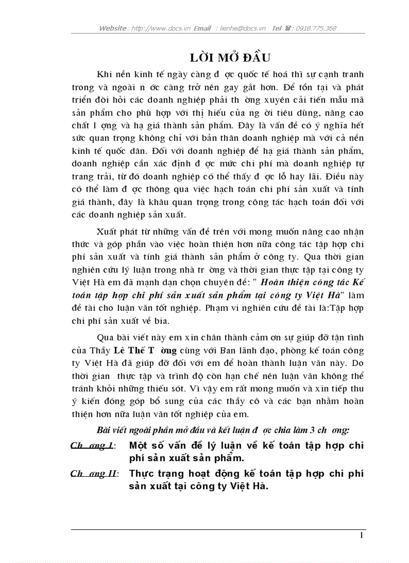 Hoàn thiện công tác Kế toán tập hợp chi phí sản xuất sản phẩm tại công ty Việt Hà