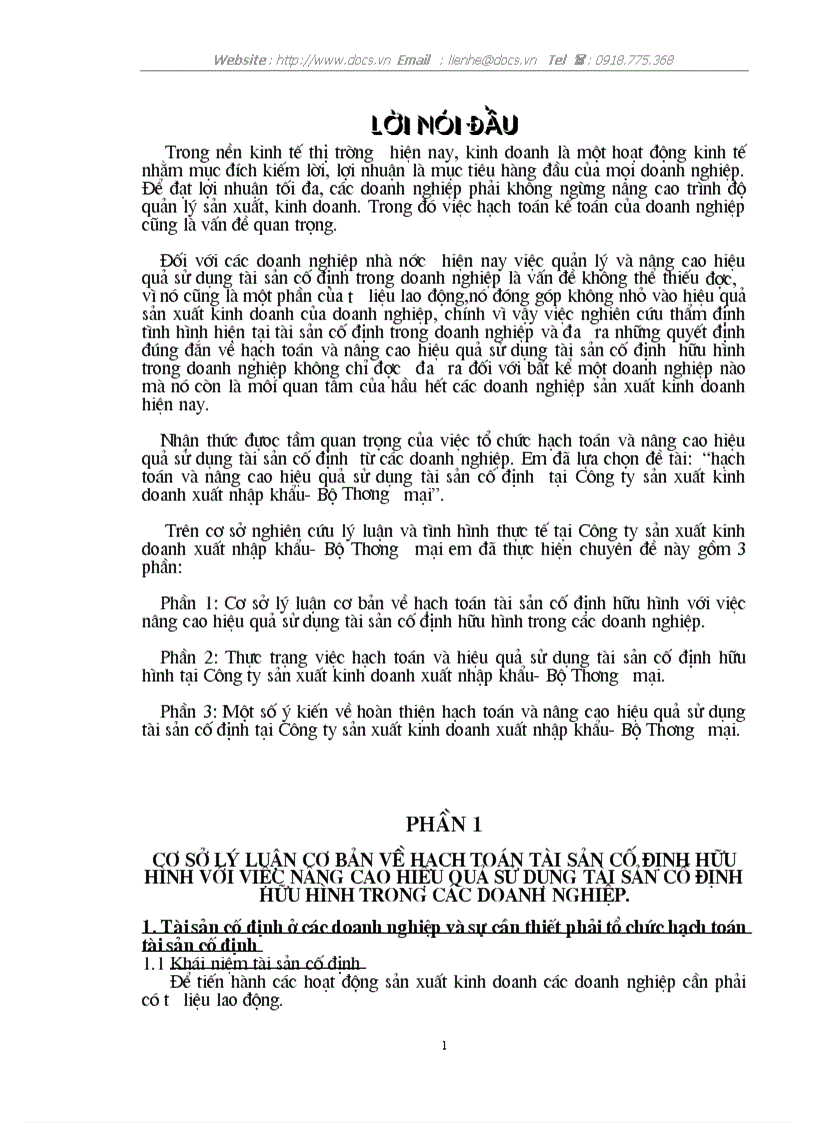 Hạch toán và nâng cao hiệu quả sử dụng tài sản cố định tại Công ty sản xuất kinh doanh xuất nhập khẩu Bộ Thương mại