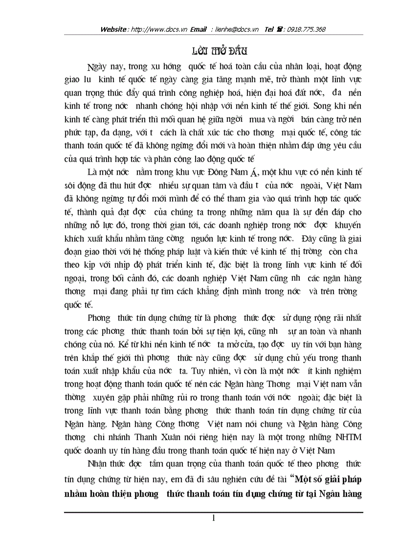 1số giải pháp nhằm hoàn thiện phương thức thanh toán tín dụng chứng từ L C tại ngânhàng NHCT VietinBank Thanh Xuân