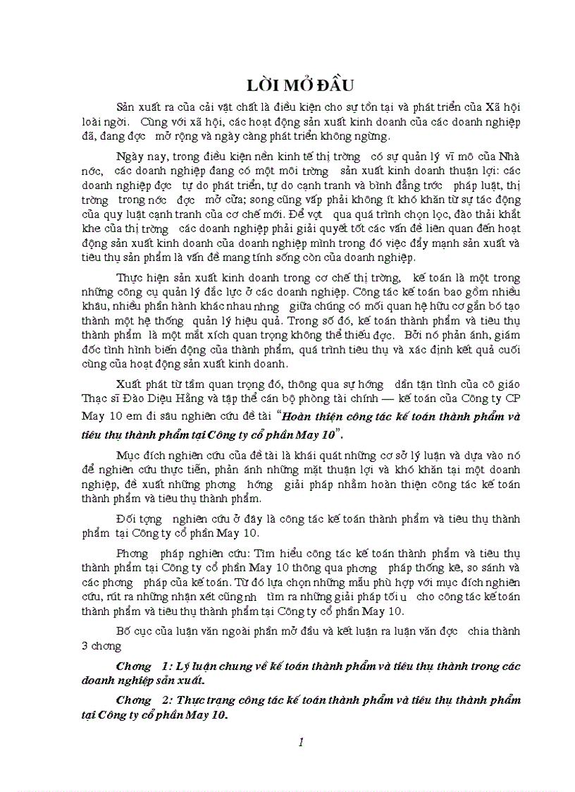 Một số giải pháp hoàn thiện công tác kế toán thành phẩm và tiêu thụ thành phẩm tại Công ty cổ phần May 10
