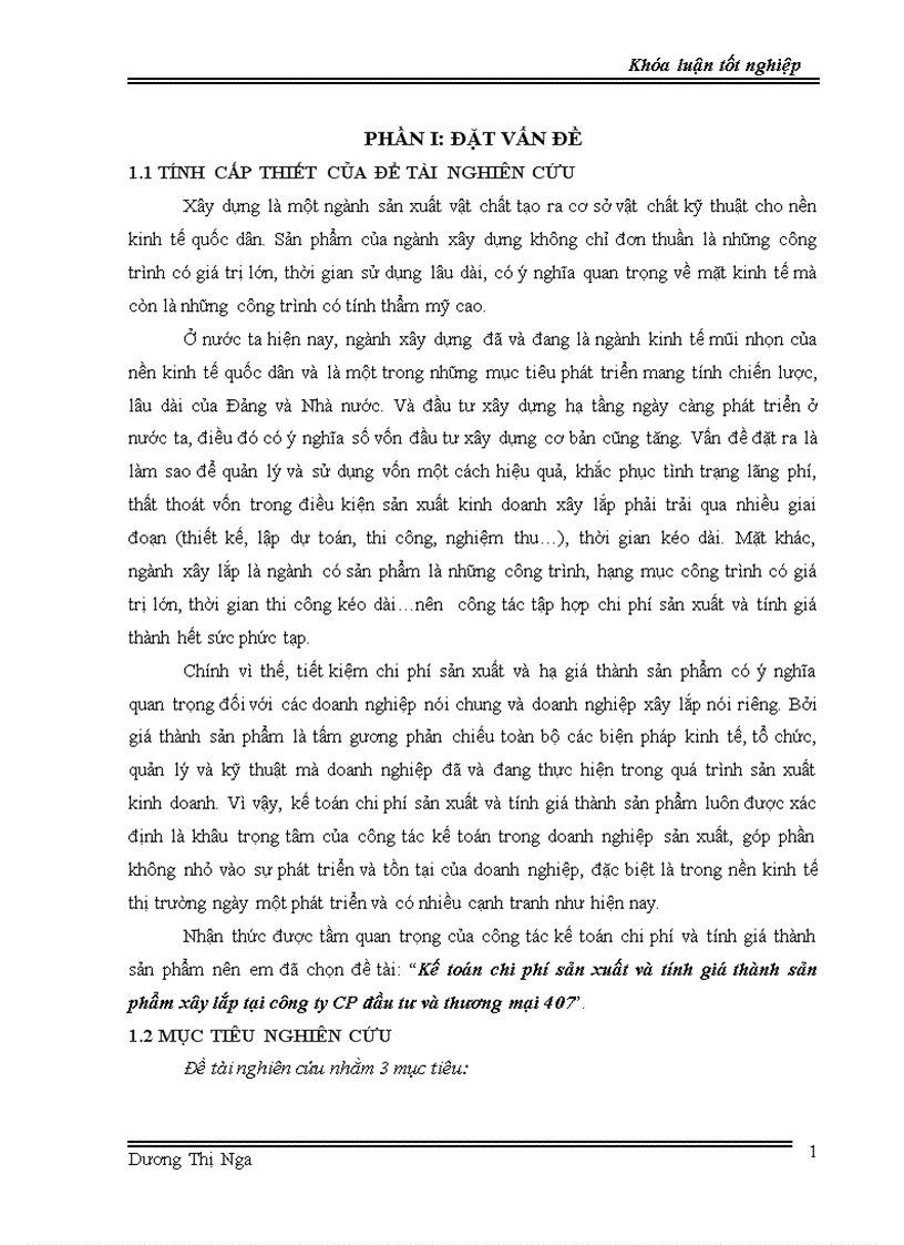 Kế toán chi phí sản xuất và tính giá thành sản phẩm xây lắp tại công ty CP đầu tư và thương mại 407