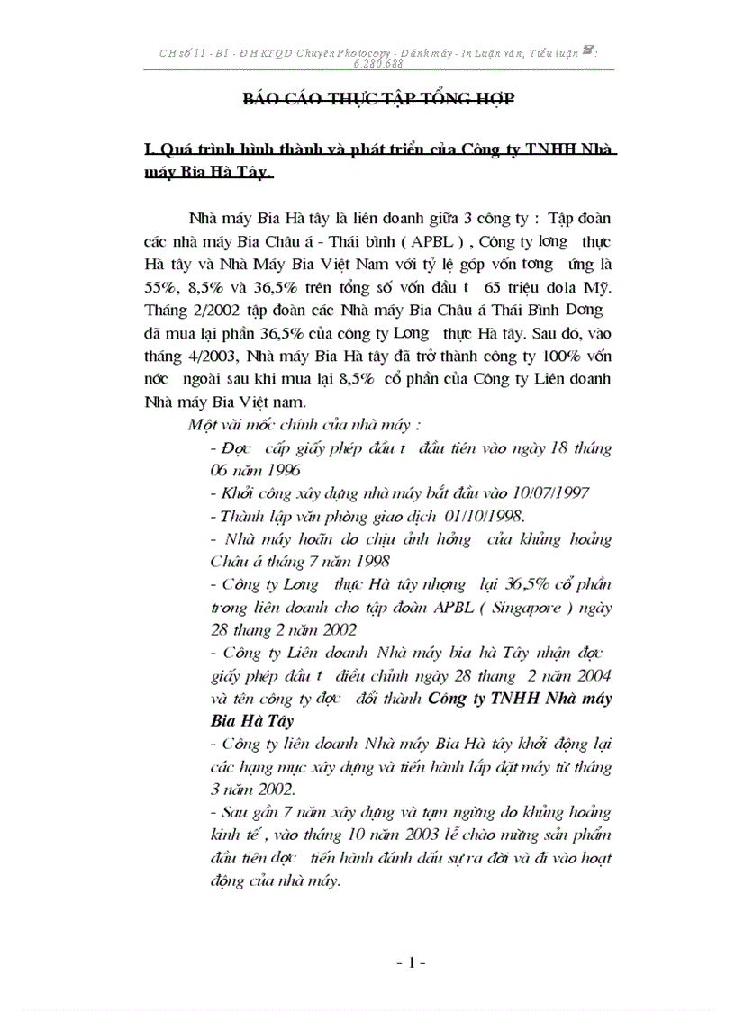 Báo cáo thực tập tại Công ty TNHH Nhà máy Bia Hà Tây