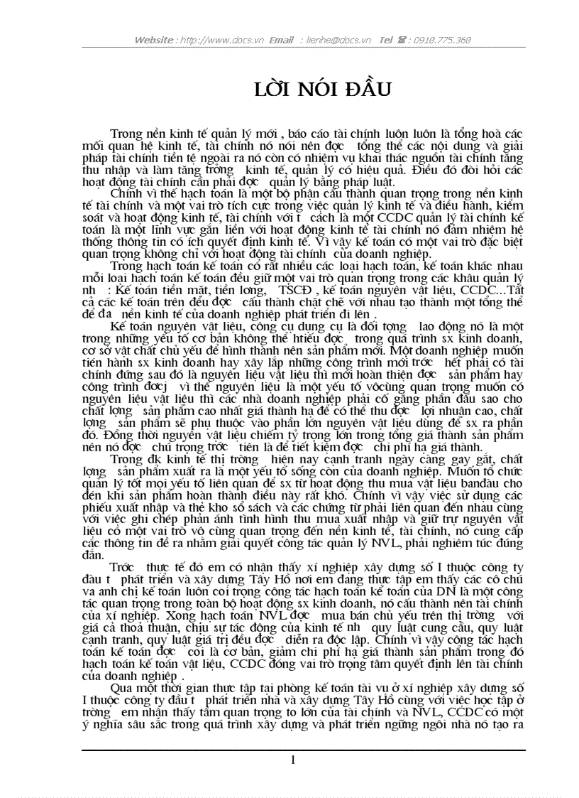 Tổ chức tài chình kế toán NVL CCDC tại xí nghiệp xây dựng số I thuộc công ty đầu tư phát triển nhà và xây dựng Tây Hồ