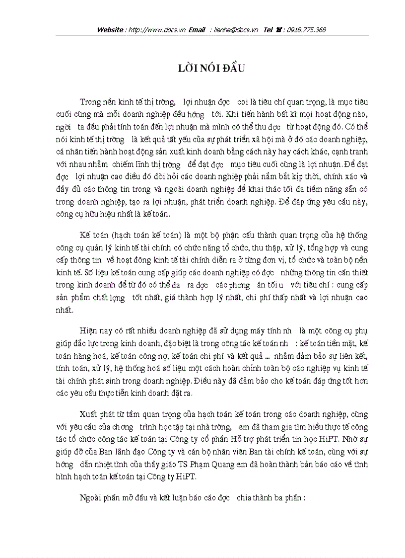 Thực tế công tác tổ chức công tác kế toán tại Công ty cổ phần Hỗ trợ phát triển tin học HiPT