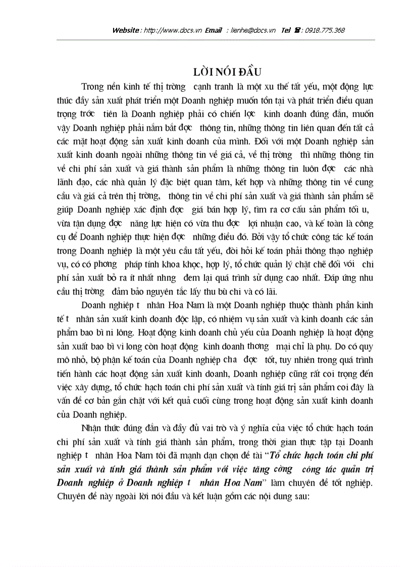 Tổ chức hạch toán chi phí sản xuất và tính giá thành sản phẩm với việc tăng cường công tác quản trị Doanh nghiệp ở Doanh nghiệp tư nhân Hoa Nam