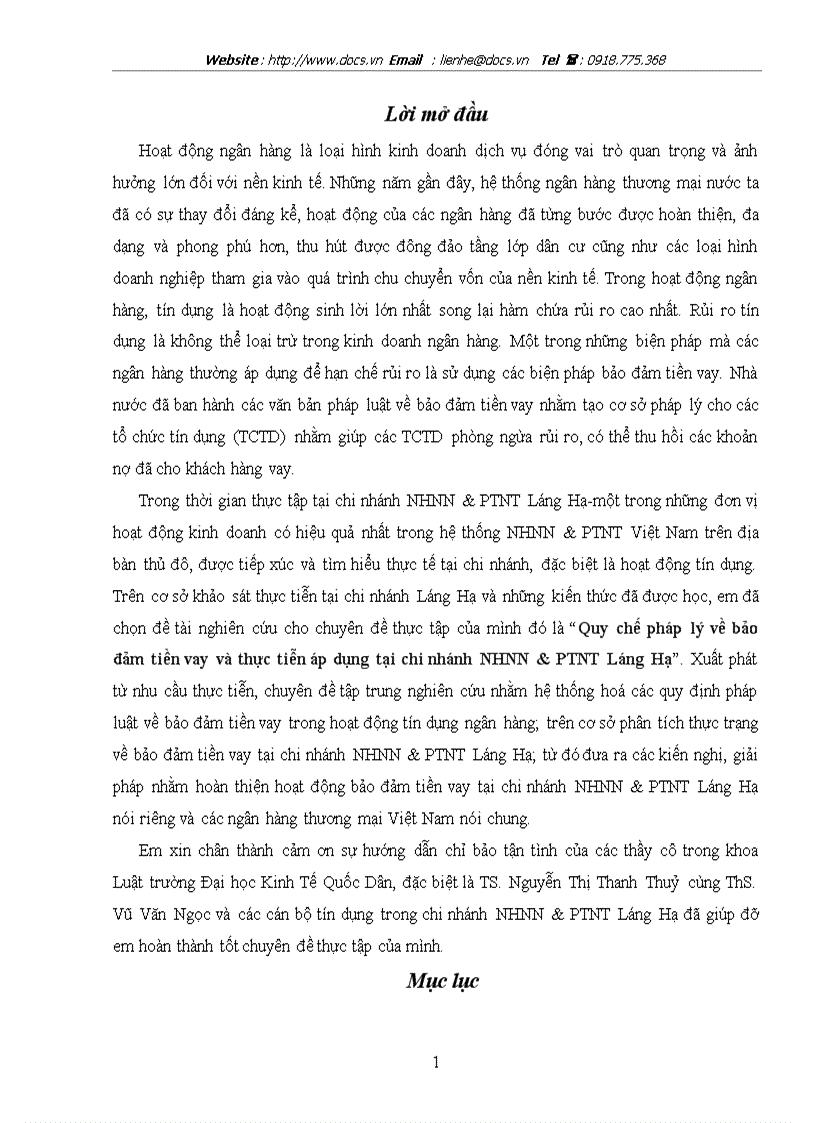 Quy chế pháp lý về bảo đảm tiền vay thực tiễn áp dụng tại chi nhánh ngânhàng NHNo PTNT AgriBank Láng Hạ