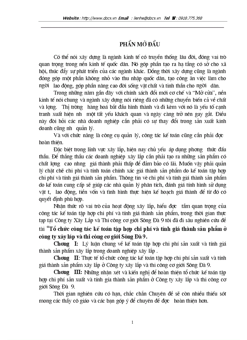 Tổ chức công tác kế toán tập hợp chi phí và tính giá thành sản phẩm ở công ty xây lắp và thi công cơ giới Sông Đà 9