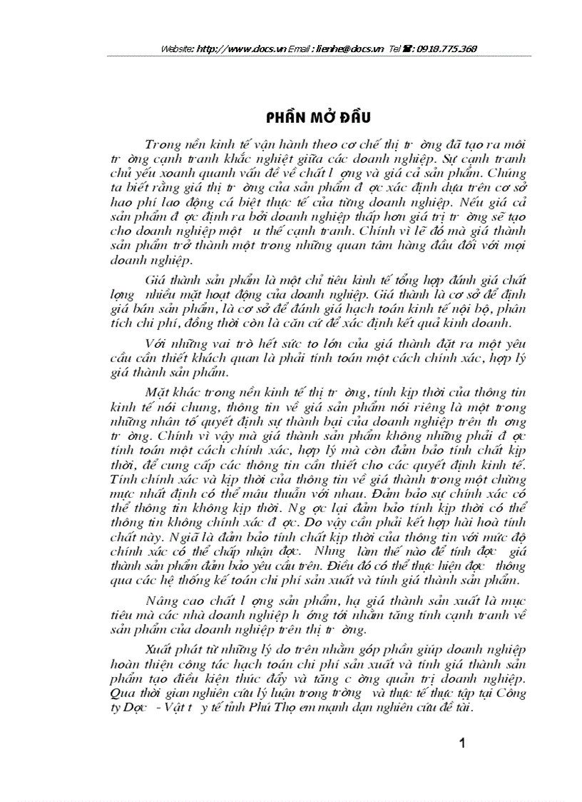Hoàn thiện công tác tổ chức hạch toán chi phí sản xuất và tính giá thành sản phẩm tại Công ty Dược Vật tư y tế tỉnh Phú Thọ để làm luận văn tốt ngh