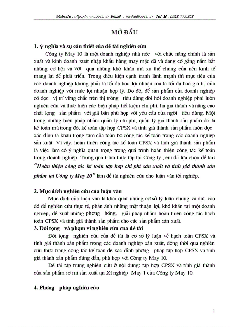 Hoàn thiện công tác kế toán tập hơp chi phí sản xuất và tính giá thành sản phẩm tại Công ty May 10