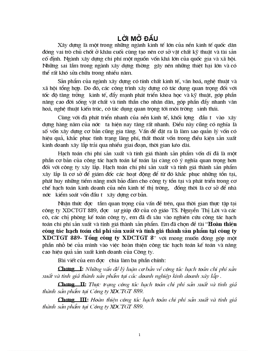 Hoàn thiện công tác hạch toán chi phí sản xuất và tính giá thành sản phẩm tại công ty XDCTGT 889 Tổng công ty XDCTGT 8