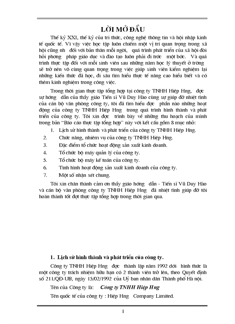Báo cáo thực tập tại Công ty TNHH Hiệp Hưng