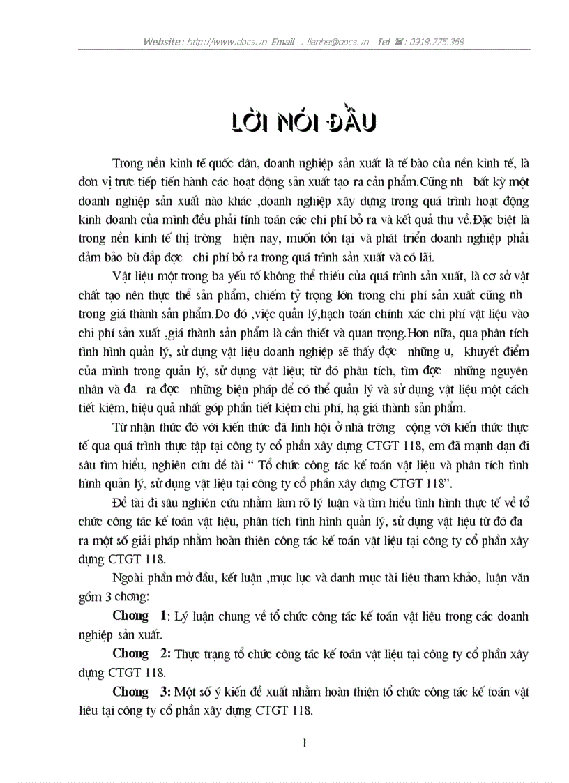 Tổ chức công tác kế Tổ chức công tác kế toán vật liệu và phân tích tình hình quản lý sử dụng vật liệu tại công ty cổ phần xây dựng CTGT 118