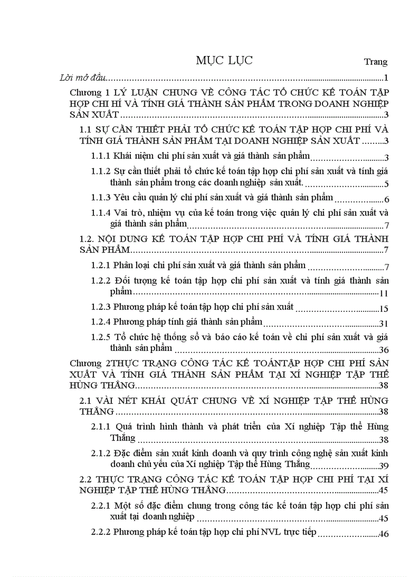 Hoàn thiện công tác tổ chức kế toán tập hợp chi phí và tính giá thành sản phẩm tại Xí nghiệp Tập thể Hùng Thắng