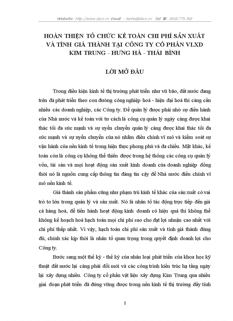 Hoàn thiện tổ chức kế toán chi phí sản xuất và tính giá thành tại công ty cổ phần vlxd kim trung hưng hà thái bình