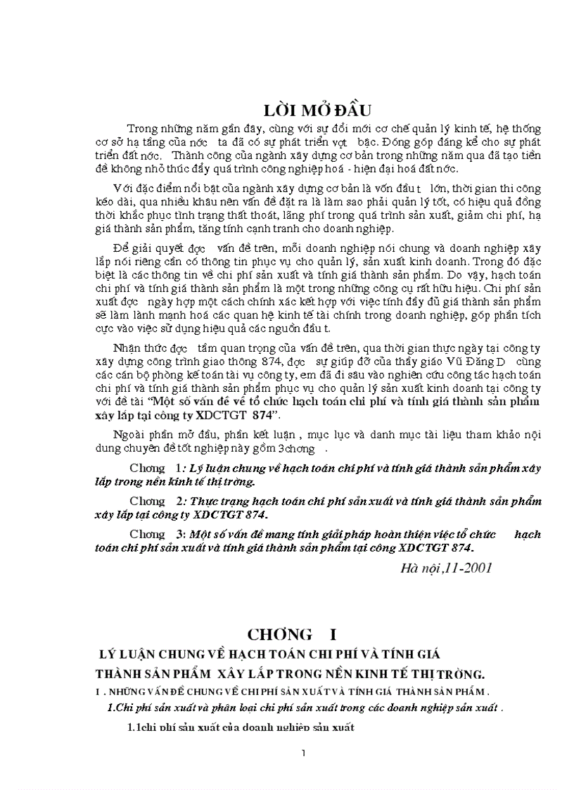 Một số vấn đề về tổ chức hạch toán chi phí và tính giá thành sản phẩm xây lắp tại công ty XDCTGT 874