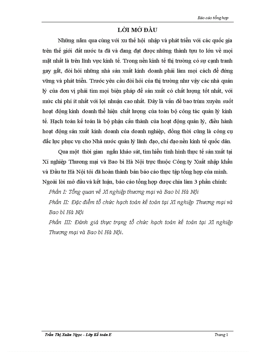 Đánh giá thực trạng tổ chức hạch toán kế toán tại Xí nghiệp Thương mại và Bao bì Hà Nội