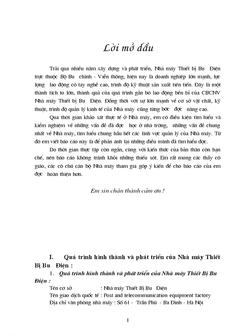 Báo cáo thực tập tại Nhà máy Thiết bị Bưu Điện trực thuộc Bộ Bưu chính Viễn thông