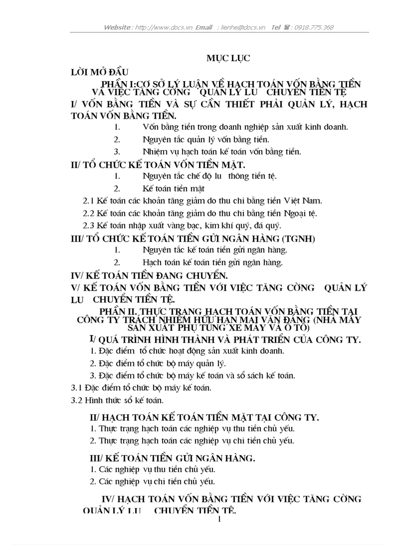 Hạch toán vốn bằng tiền tăng cường Q lý lưu chuyển tiền tệ tại C ty TNHH Mai Văn Đáng NM SX phụ tùng ô tô xe máy KCN hoà Xá Nam Định