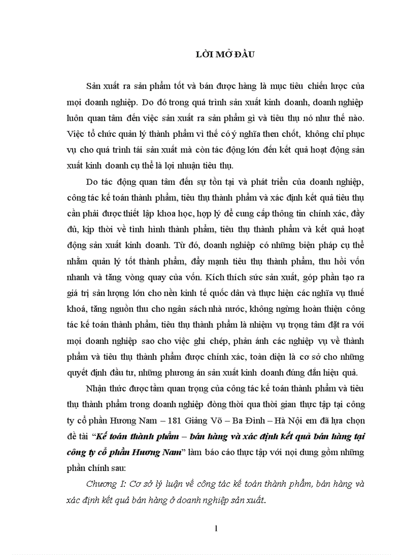 Kế toán thành phẩm bán hàng và xác định kết quả bán hàng tại công ty cổ phần Hương Nam