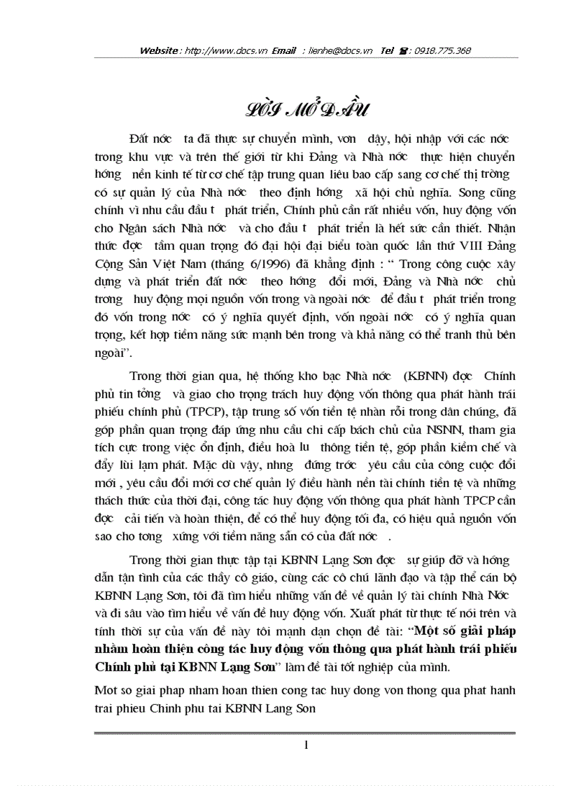 1số giải pháp nhằm hoàn thiện công tác huy động vốn thông qua phát hành trái phiếu Chính phủ tại Kho Bạc Nhà nước Lạng Sơn